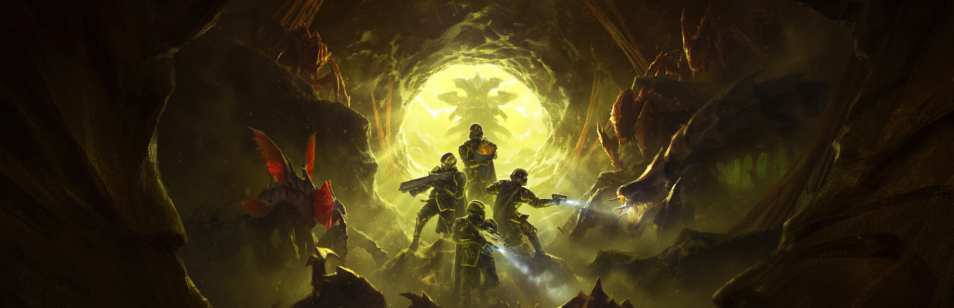 A Helldivers 2 squad surrounded by Terminids