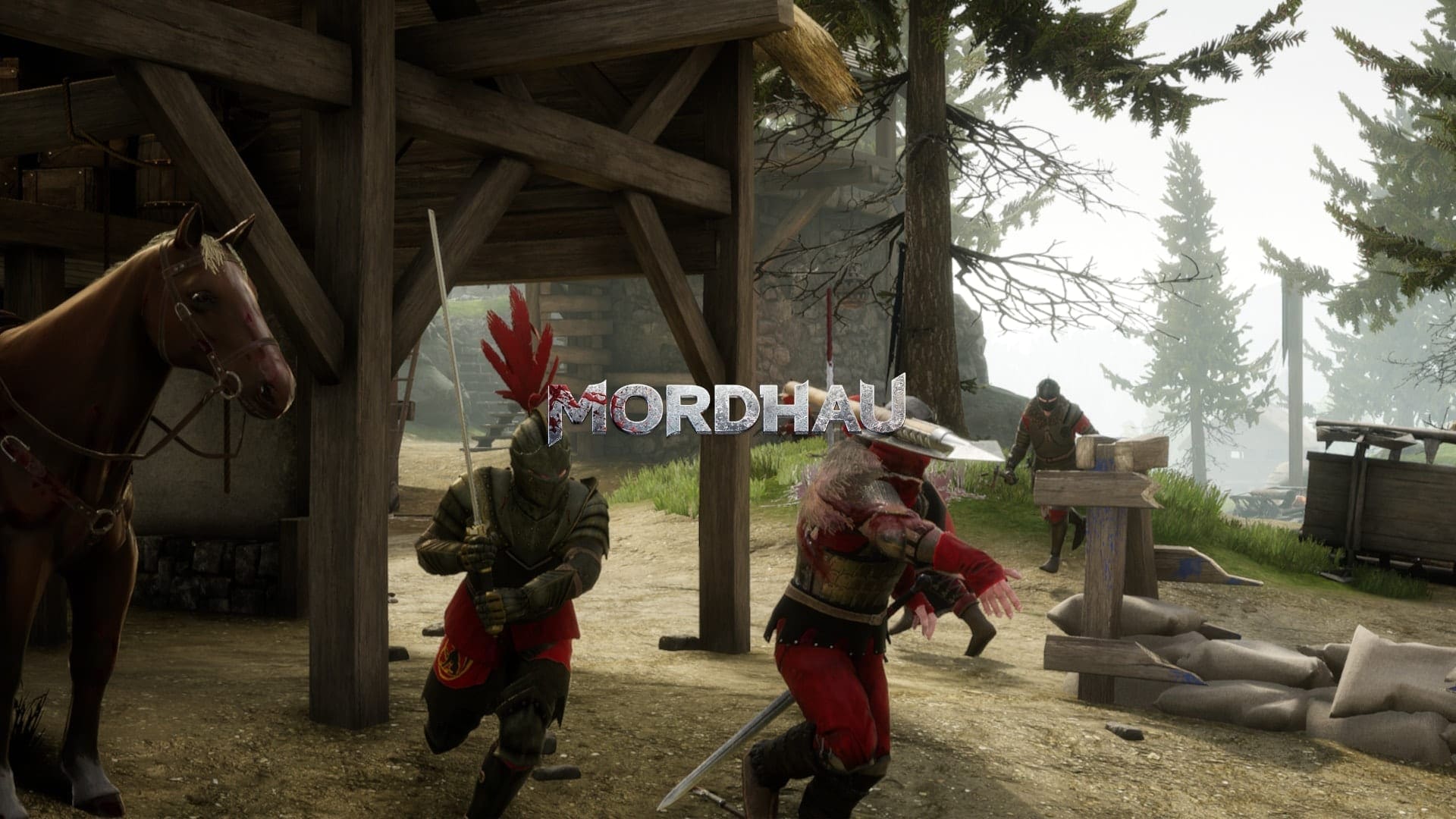 Armoured Mordhau fighters on a medieval battlefield